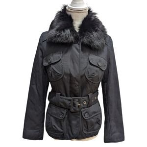 Banana Republic Women's XS Winter Jacket Faux Fur Collar Belted in Black NWT